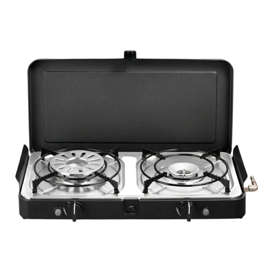 Compact Portable Dual-Burner Tabletop Gas Stove & Grill System with Piezo