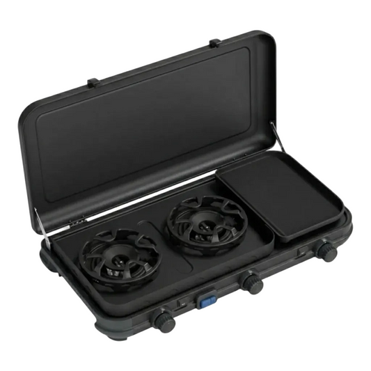 Portable Multi-Cook Dual-Burner Camp Stove with Integrated Toasting Grill