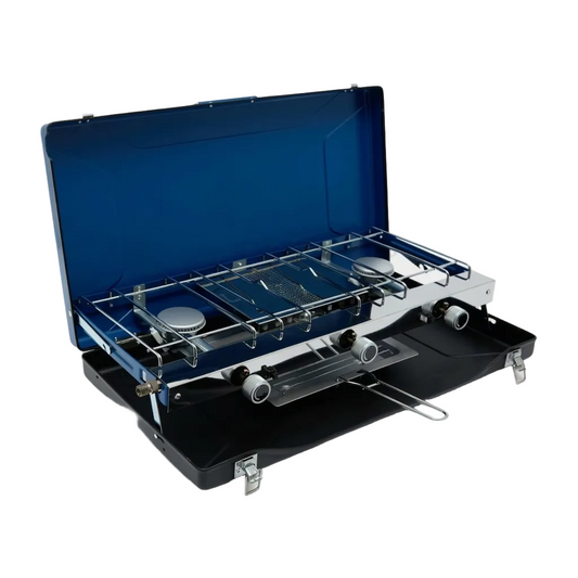 Portable Three-Burner Camp Stove with Integrated Grill