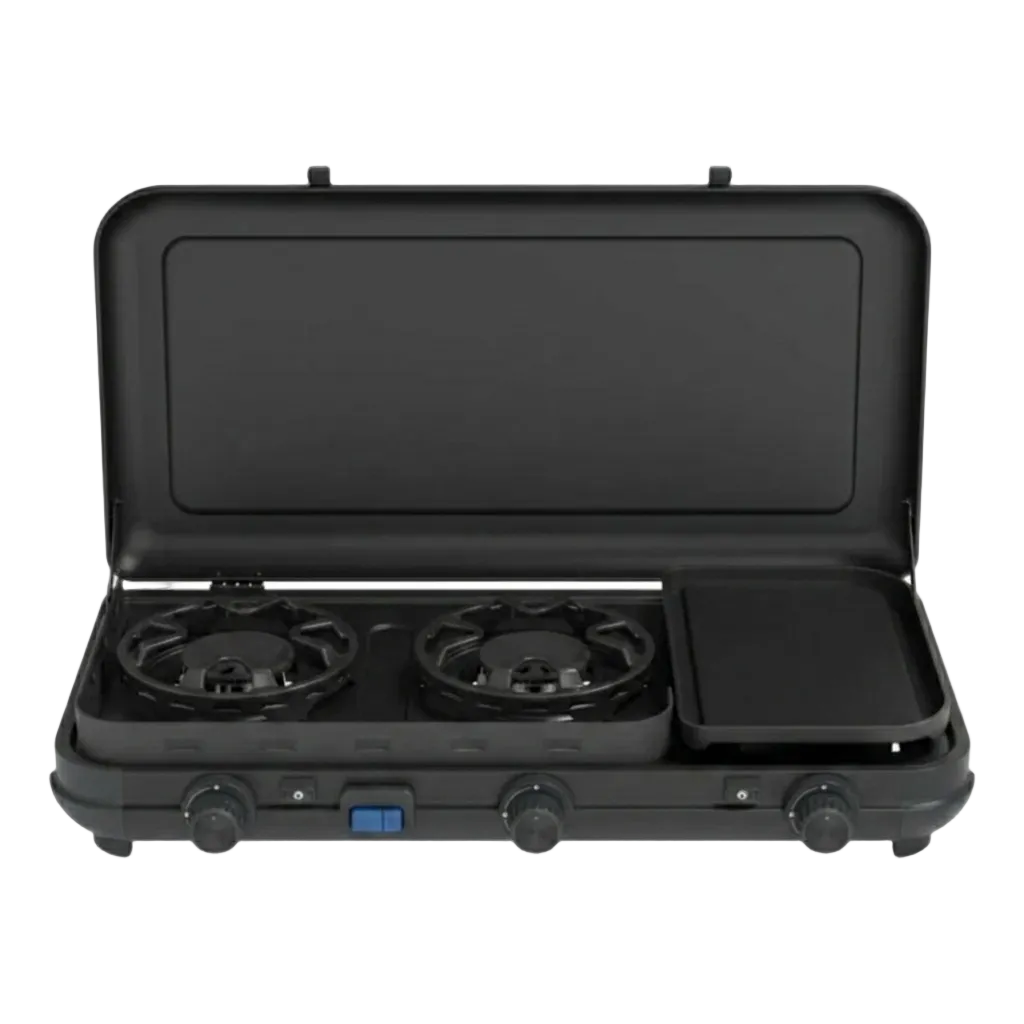 Portable Multi-Cook Dual-Burner Camp Stove with Integrated Toasting Grill