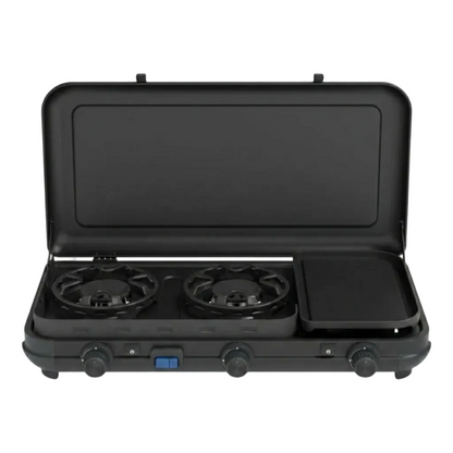 Portable Multi-Cook Dual-Burner Camp Stove with Integrated Toasting Grill