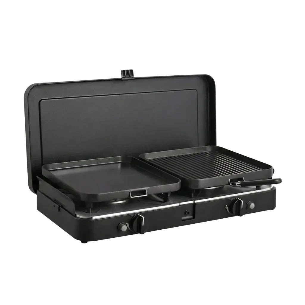 Compact Portable Dual-Burner Tabletop Gas Stove & Grill System with Piezo