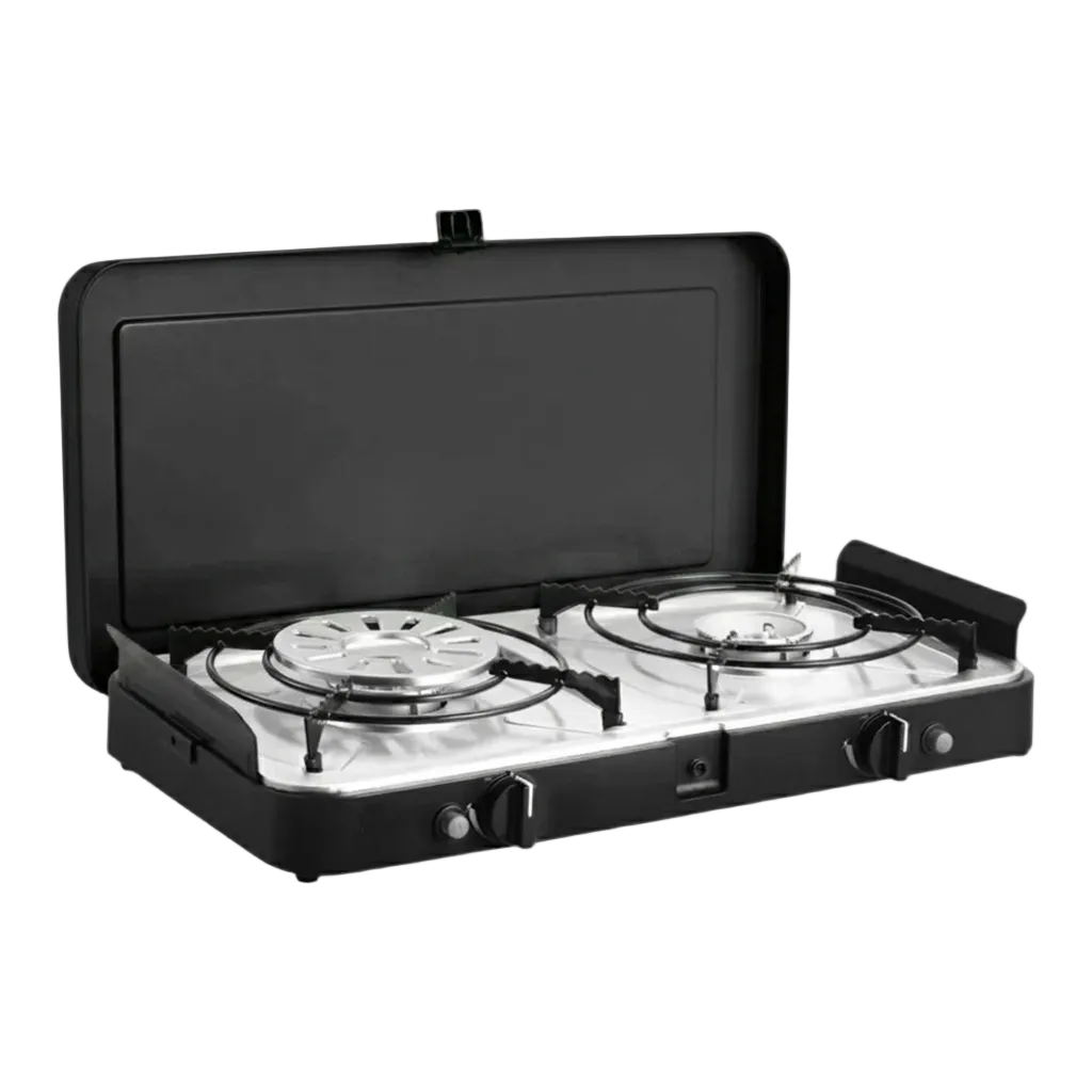 Compact Portable Dual-Burner Tabletop Gas Stove & Grill System with Piezo