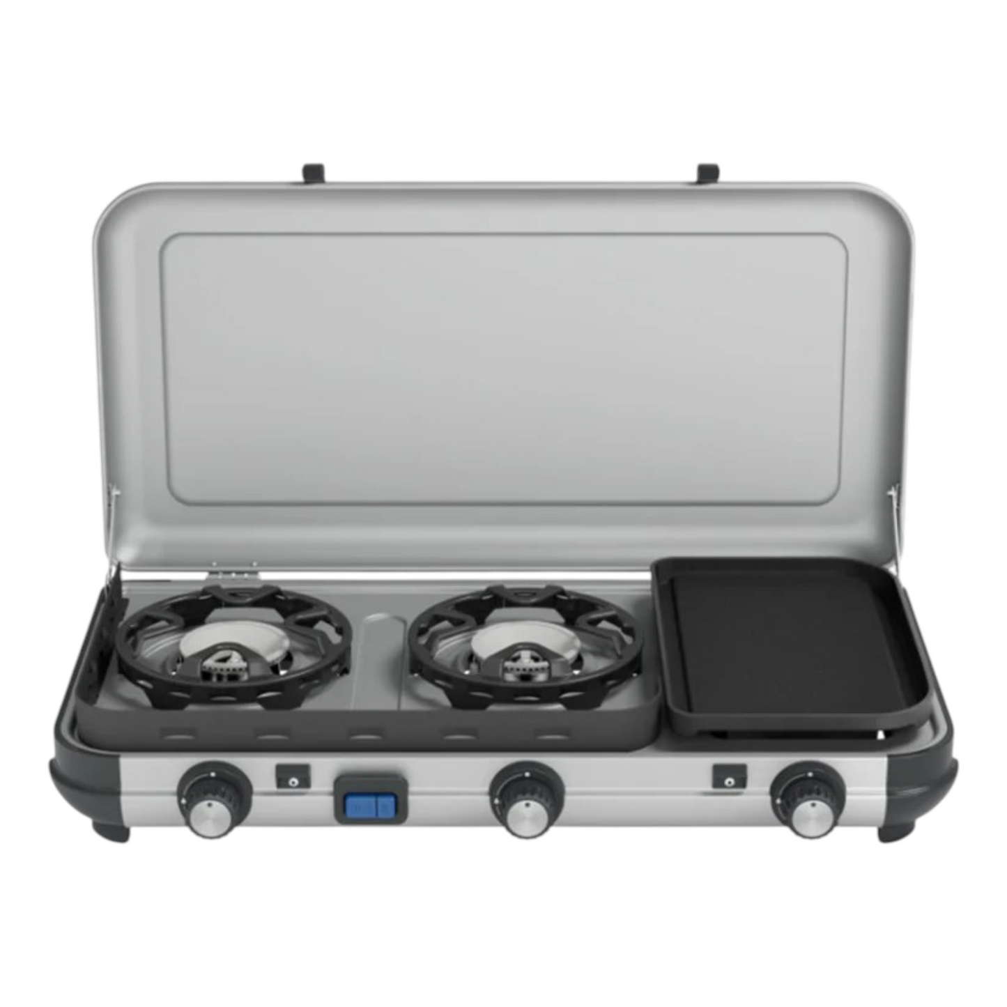 Portable Multi-Cook Dual-Burner Camp Stove with Integrated Toasting Grill