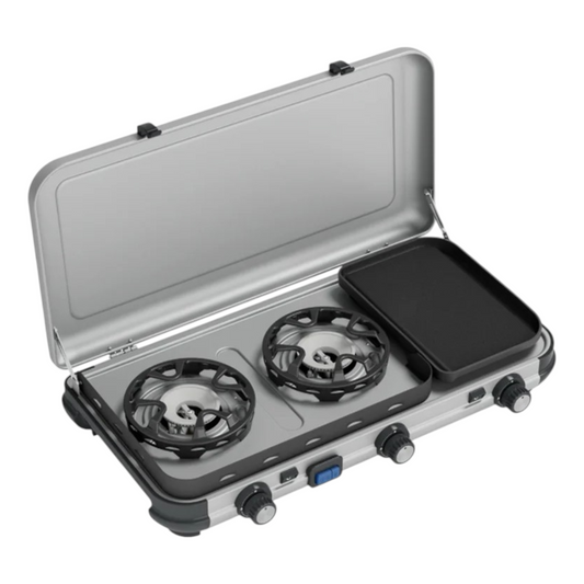 Portable Multi-Cook Dual-Burner Camp Stove with Integrated Toasting Grill
