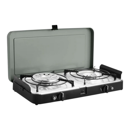 Compact Portable Dual-Burner Tabletop Gas Stove & Grill System with Piezo
