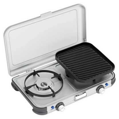 Dual-Burner Portable Camping Stove & Grill System (CV Cartridge Connection)