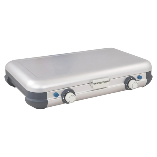 Dual-Burner Lightweight Camping Gas Stove with Steel Lid (Refillable Cylinder System)
