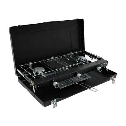 Portable Three-Burner Camp Stove with Integrated Grill