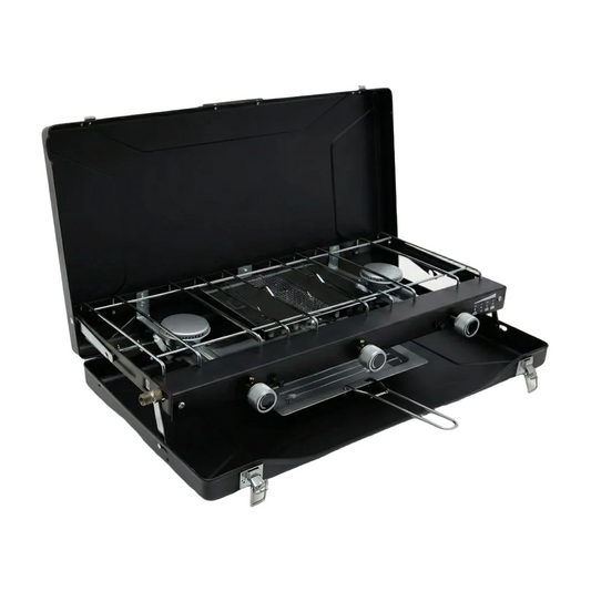 Portable Three-Burner Camp Stove with Integrated Grill