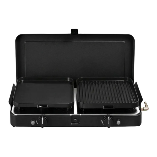 Compact Portable Dual-Burner Tabletop Gas Stove & Grill System with Piezo