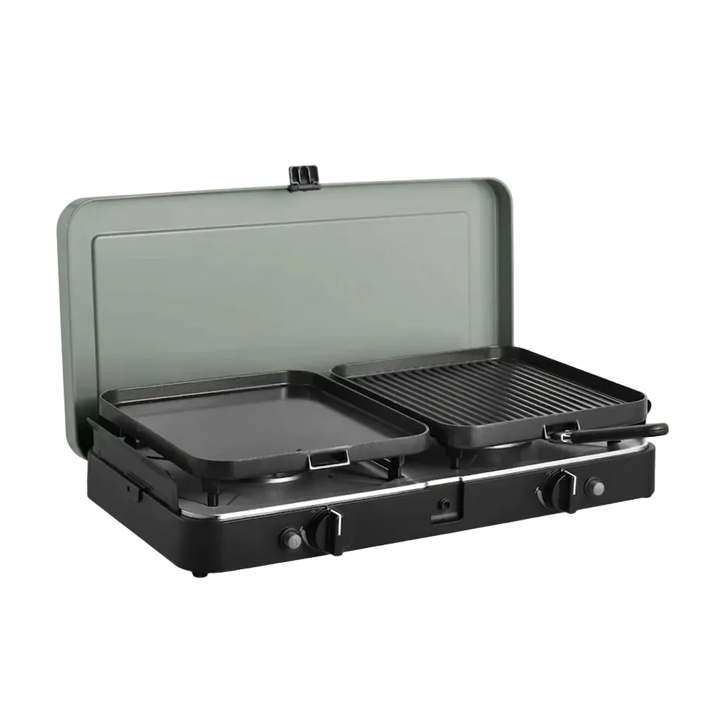 Compact Portable Dual-Burner Tabletop Gas Stove & Grill System with Piezo