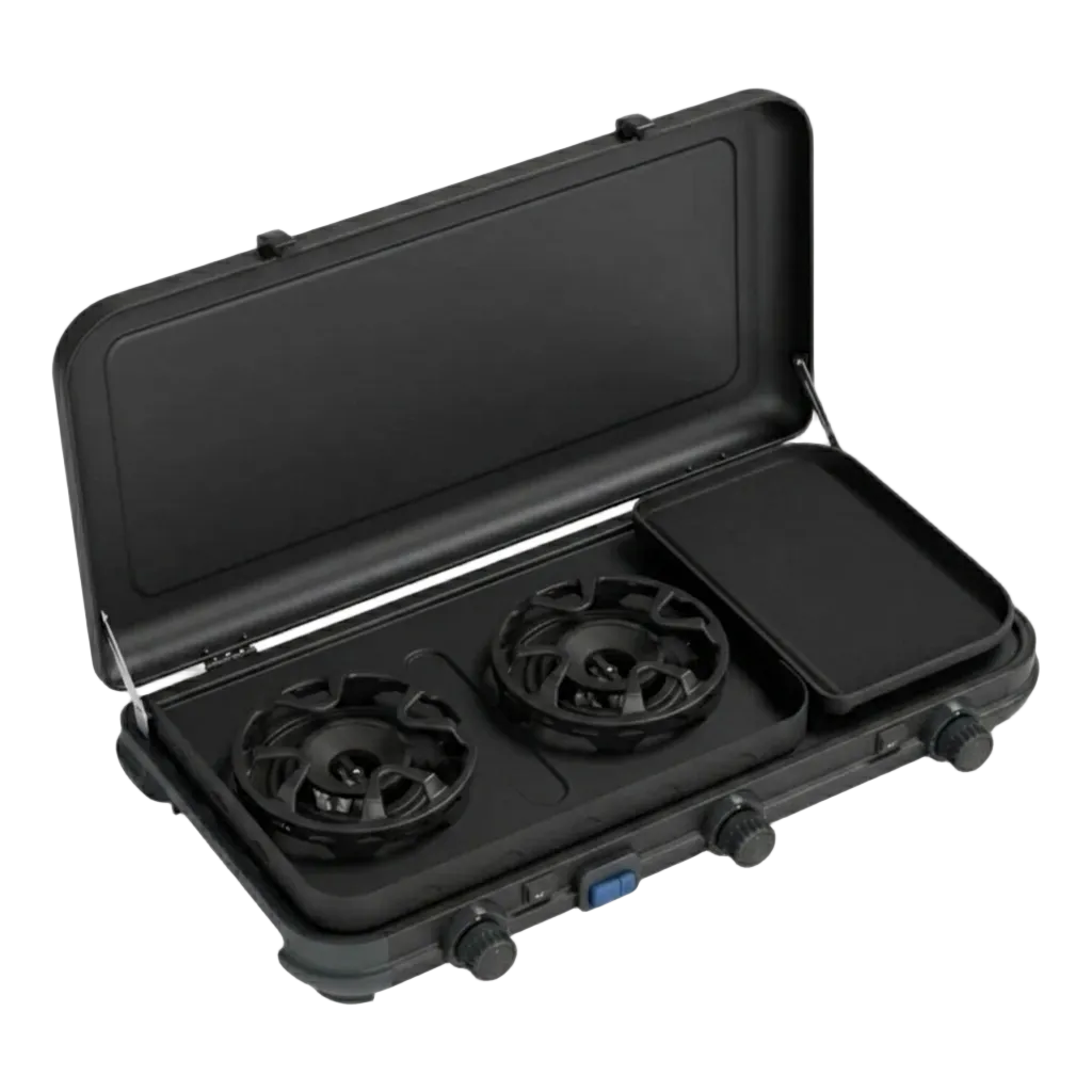 Portable Multi-Cook Dual-Burner Camp Stove with Integrated Toasting Grill