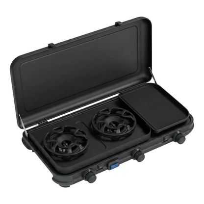 Portable Multi-Cook Dual-Burner Camp Stove with Integrated Toasting Grill