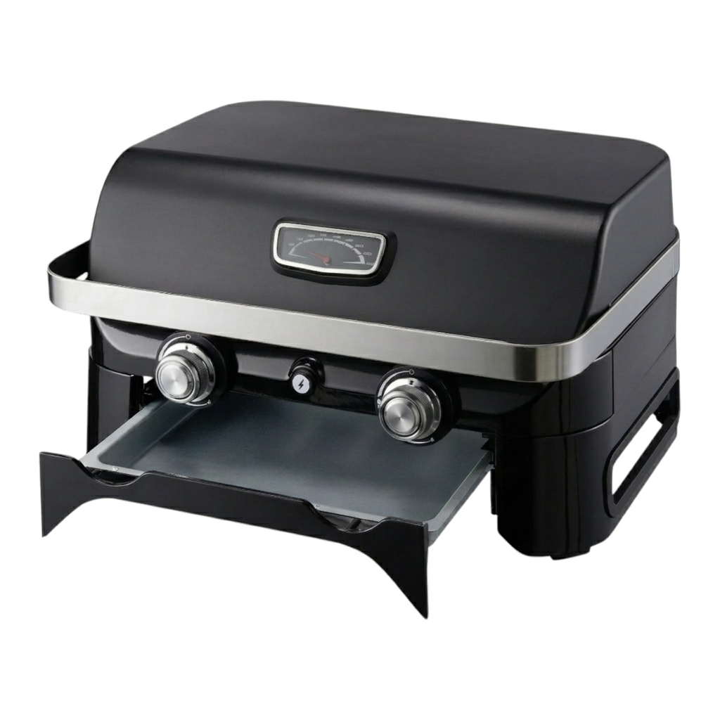 Dual-Burner Tabletop Gas Grill with Analog Thermometer and Blue Flame Burners