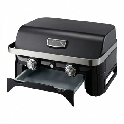 Dual-Burner Tabletop Gas Grill with Analog Thermometer and Blue Flame Burners